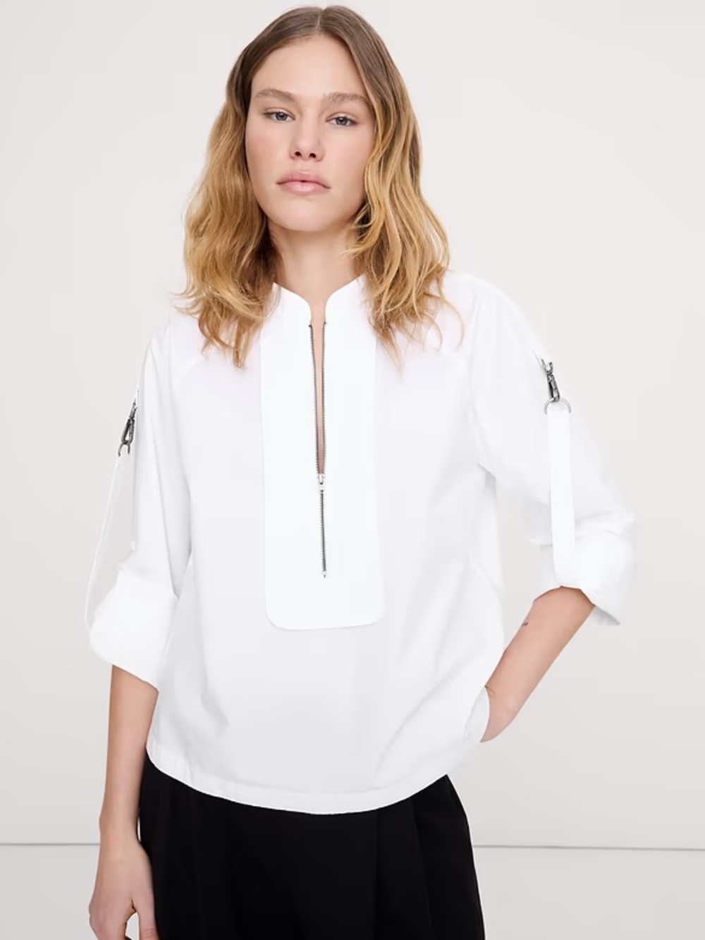 NWT Banana Republic Size M Cotton Poplin Zip Popover Top - White